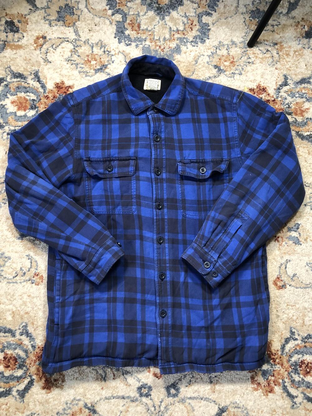 LL Bean Shirt Mens Large Blue Black Plaid Flannel Fleece Lined Button Up Jacket